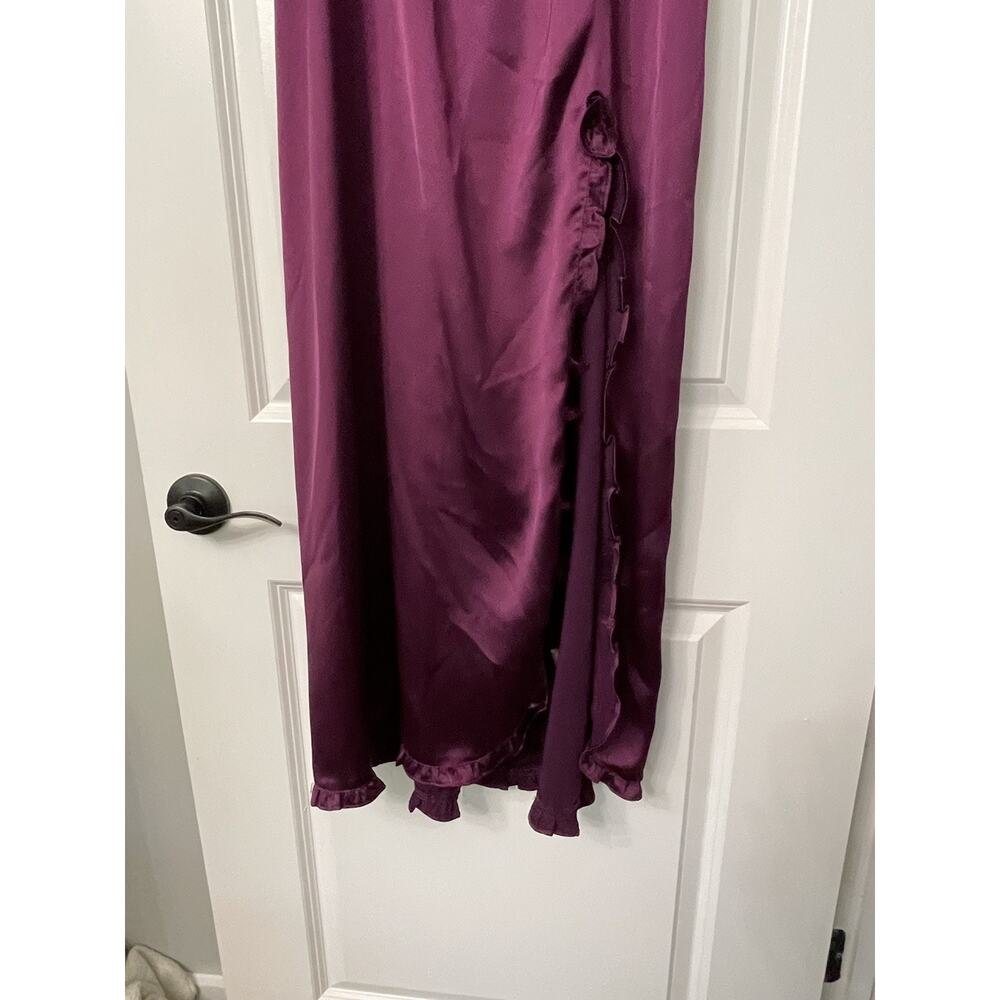 Whimsigoth Satin Slip Maxi Dress Deep Purple Ruffled Side Slit Witchy Evening M - Picture 6 of 15